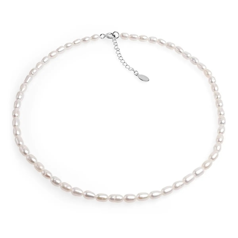 Șirag perle de cultură albe bob de orez aprox.4-4.5mm, închizătoare de argint, lungime 43cm.+4cm.