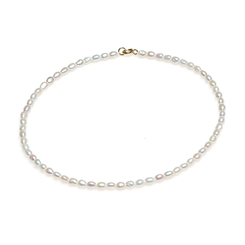 Colier perle de cultură albe bob de orez aprox 4-4,5mm, închizătoare argint rodiat, lungime 38cm