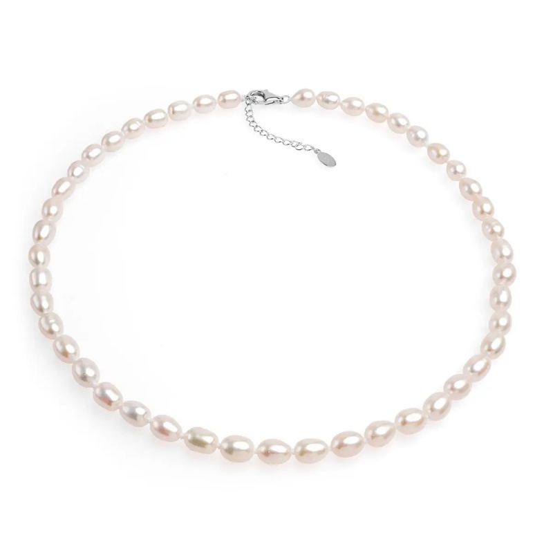 Șirag perle de cultură albe bob de orez aprox.6-6.5mm, închizătoare de argint, lungime 43cm.+4cm.