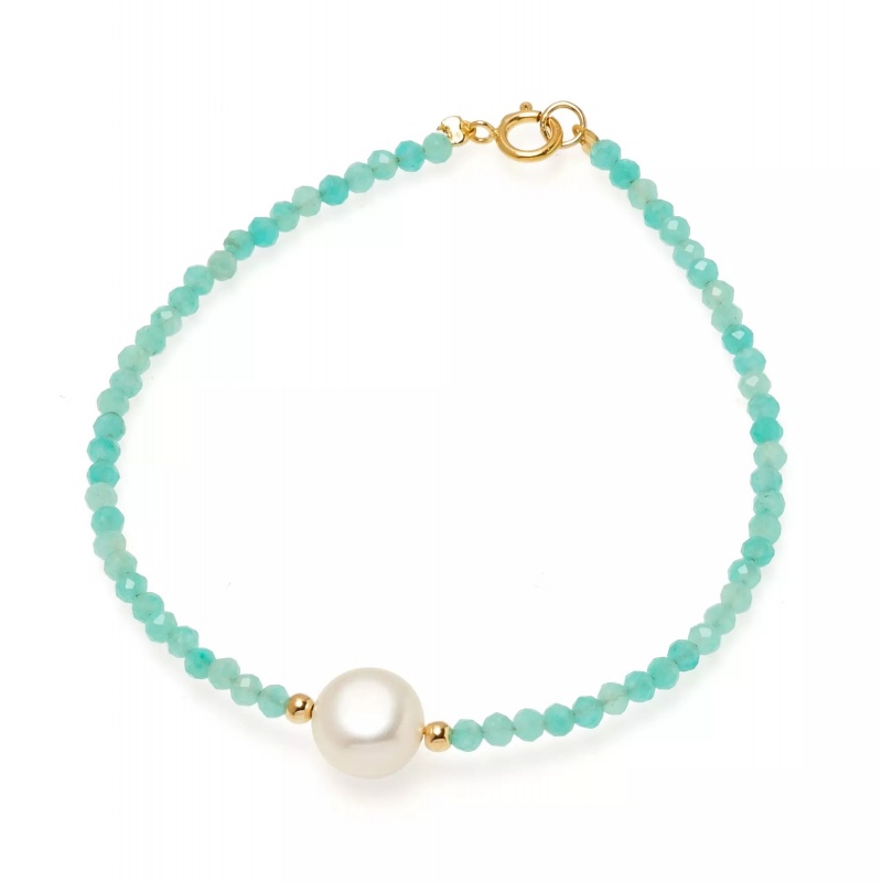 Brățară perlă de cultură albă 7-8.5 și amazonit, lungime 18 cm