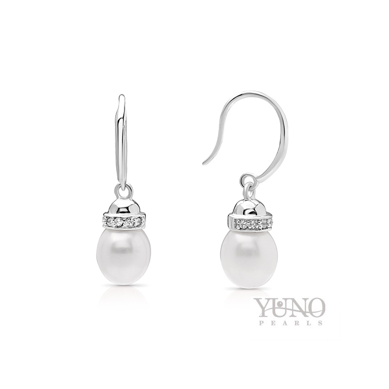 Cercei din argint 925, perle albe, 8-9mm
