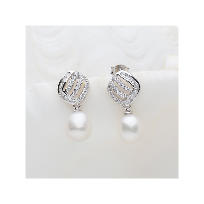 Cercei din argint 925, perle albe, 8-9mm