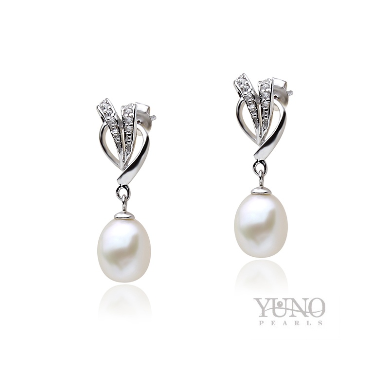 Cercei din argint 925, perlă albă, 7-8mm, zirconii