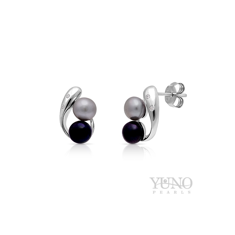 Cercei din argint 925, perle culoare închisă si gri, 5-6mm