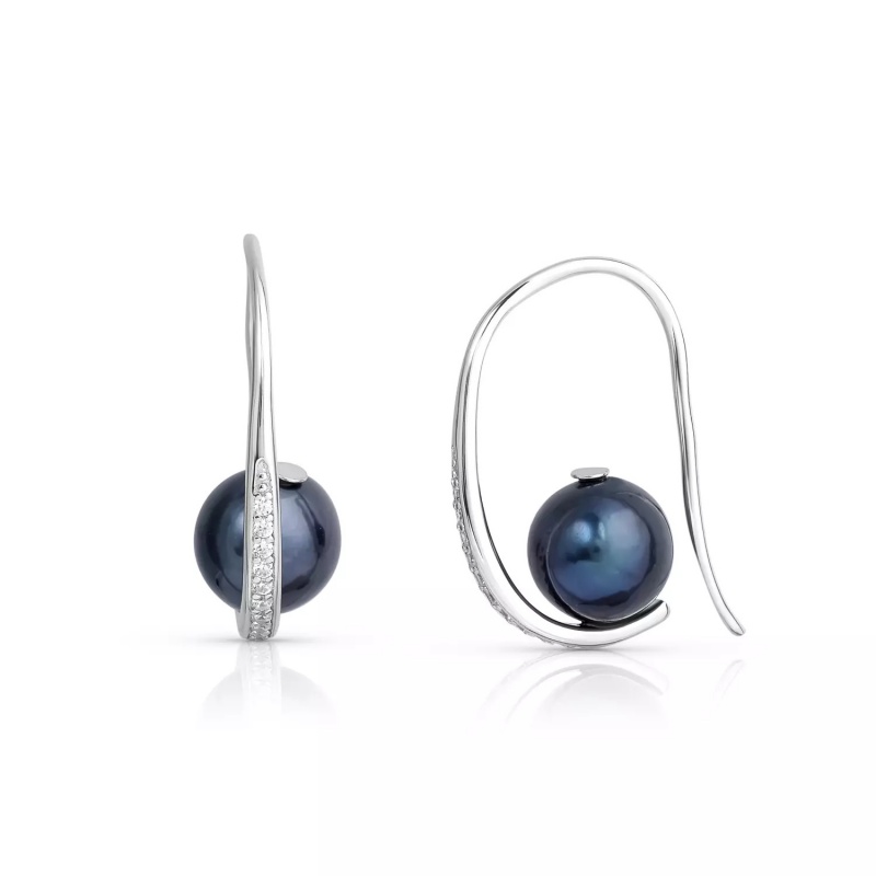 Cercei din argint, perle culoare închisâ de cultură 7.5-8mm. Zirconiu