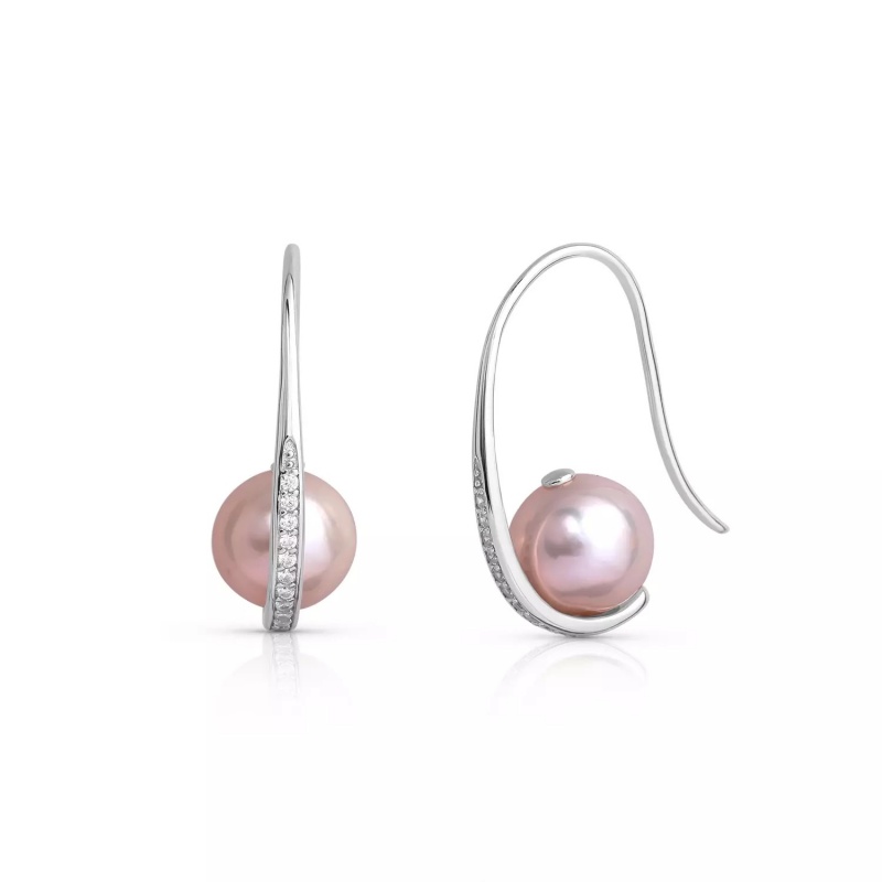 Cercei din argint, perle culoare violet de cultură 8-8,5 mm. Zirconiu