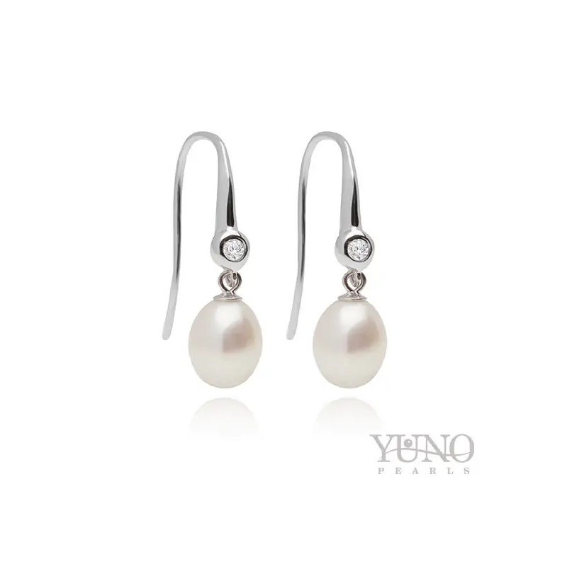 Cercei argint 925, perle albe 7-8mm, zirconiu