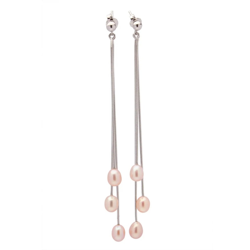 Cercei argint cu perle roz 5-6mm, lungime 6 cm