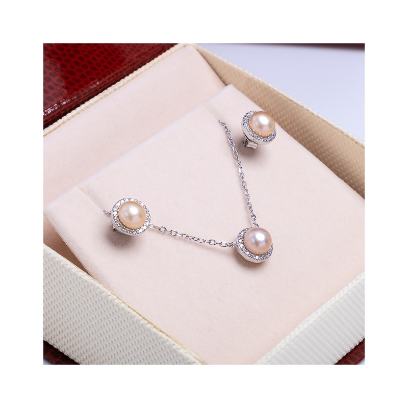 Set pandantiv și cercei din argint 925 cu perle roz 6.5mm și 6-7mm