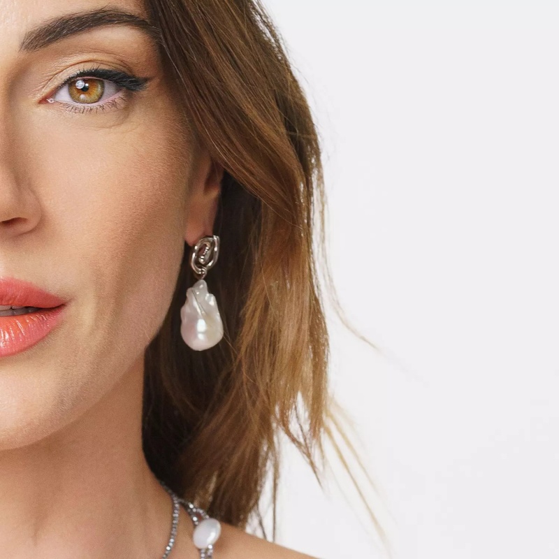 Cercei argint, perle de cultură baroce albe 13-16 mm, tijă