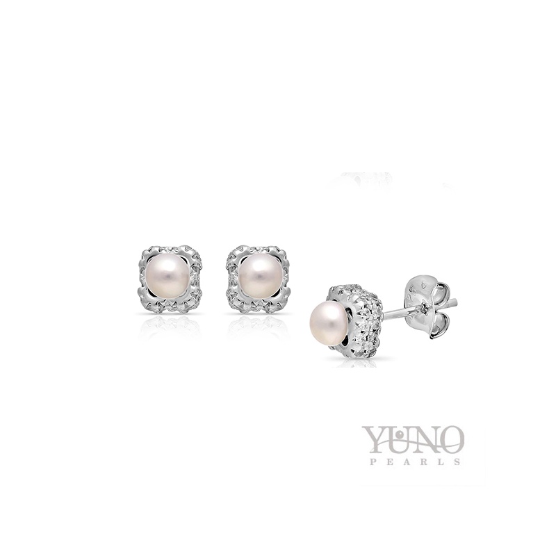 Cercei din argint 925, perle albe, 3-4mm