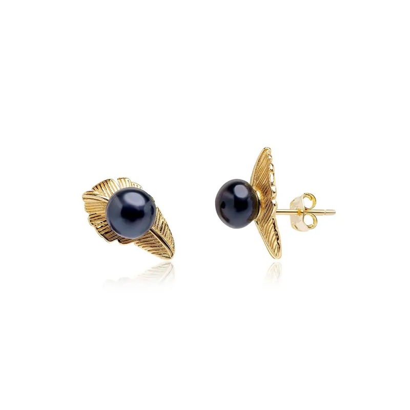 Cercei din argint placat cu aur galben, perle negre 6.5mm