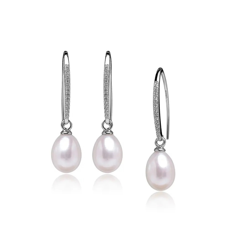 Cercei argint 925, perle orez albe 7.5-8mm