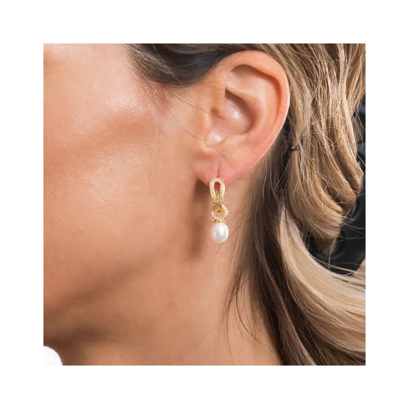 Cercei argint placate cu aur galben, perle albe7.5-8mm