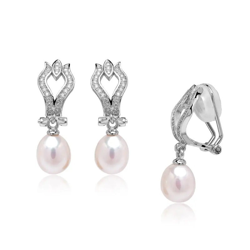Cercei din argint 925, perle albe 7.5-8mm, închizatoare clips