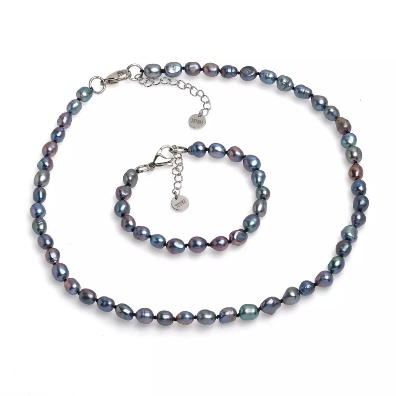 Set șirag și brățară perle de cultură culoare închisă 6-7mm, lungime colier 48, brățară 18cm