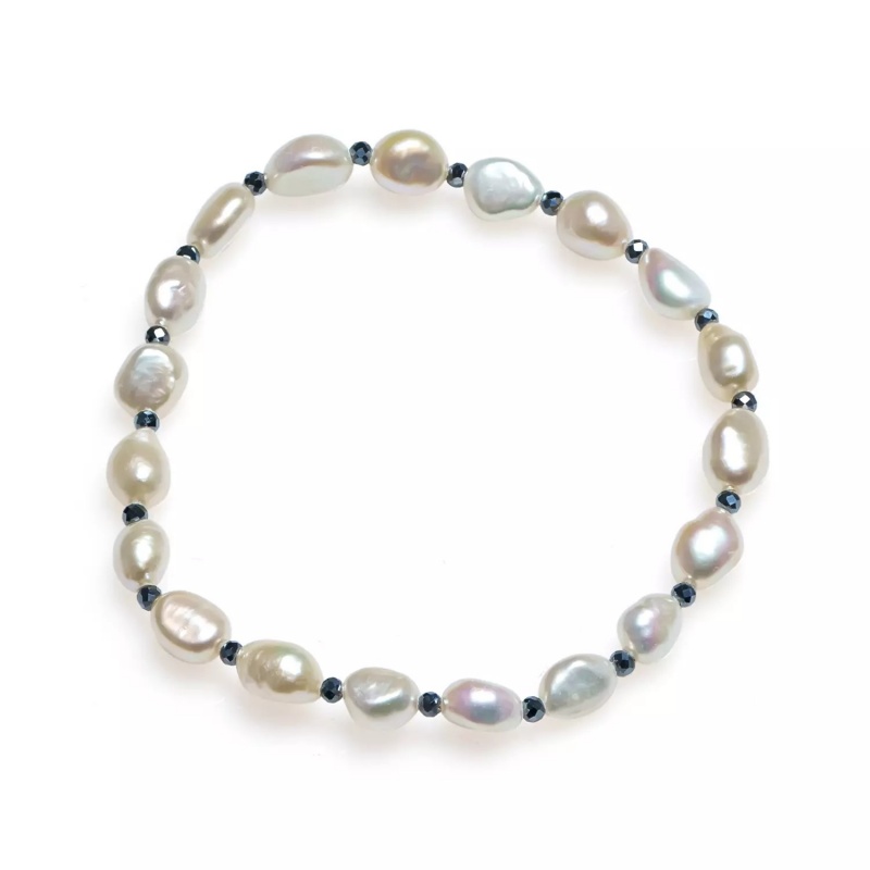 Brățară cu perle albe de 6-7 mm, hematit, elastic, lungime 18 cm