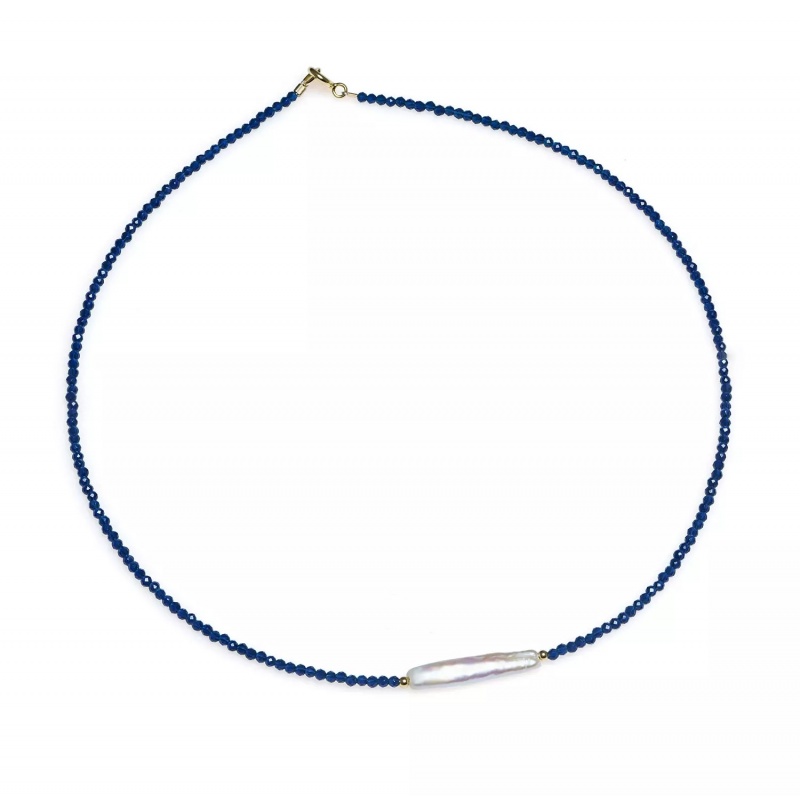 Colier cu perle albe, spinel albastru 2 mm, argint placat cu aur galben, 40 cm