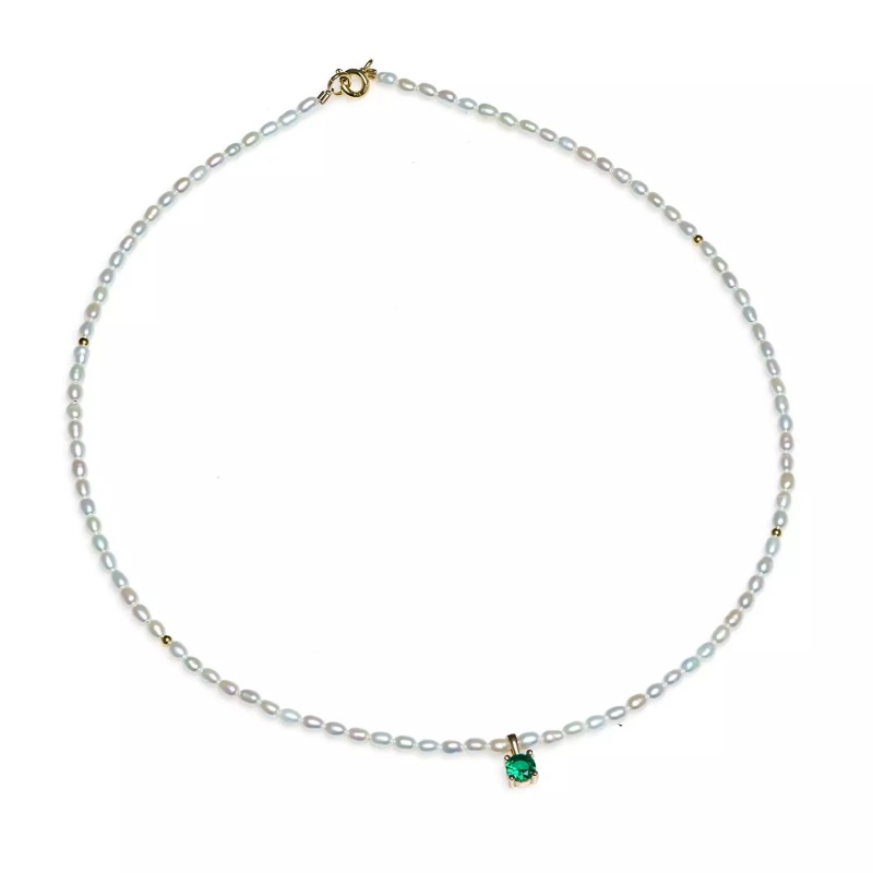 Colier perle de cultură albe bob de orez 3 mm, argint placat cu aur galben, zirconiu verde, lungime 40+3cm