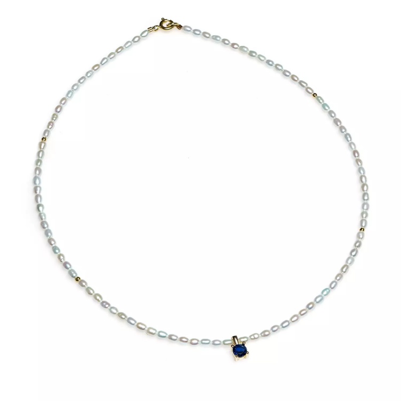 Colier perle de cultură albe bob de orez 3 mm, argint placat cu aur galben, zirconiu bleumarin, lungime 40+3cm
