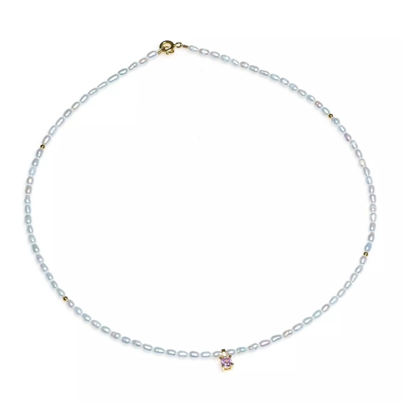 Colier perle de cultură albe bob de orez 3 mm, argint placat cu aur galben, zirconiu roz, lungime 40+3cm