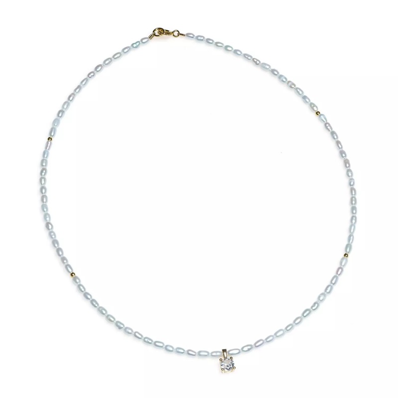 Colier perle de cultură albe bob de orez 3 mm, argint placat cu aur galben, zirconiu alb, lungime 40+3cm