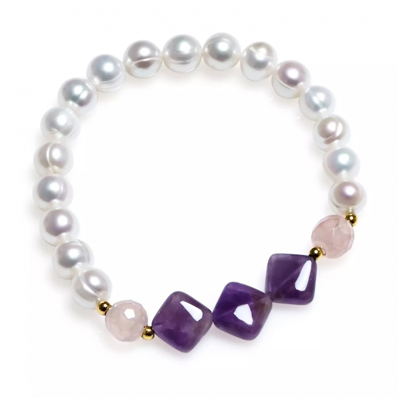 Brățară cu perle albe de 8 mm, ametist și cuarț roz, elastic