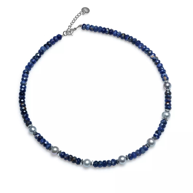 Colier perle de cultură gri 8 mm, sodalit de 6 mm, închizătoare oțel, lungime 43+3cm