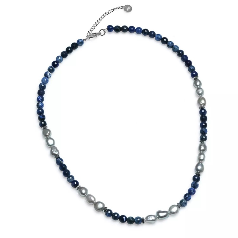 Colier perle de cultură gri inimoare 7-8 mm, sodalit de 6,5 mm, închizătoare oțel, lungime 51+5cm
