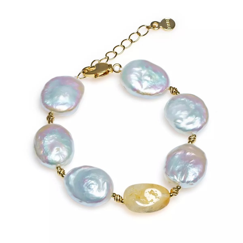 Brățară cu perlе de cultură albe asimetric, placare cu aur și citrină. Lungime 20 cm