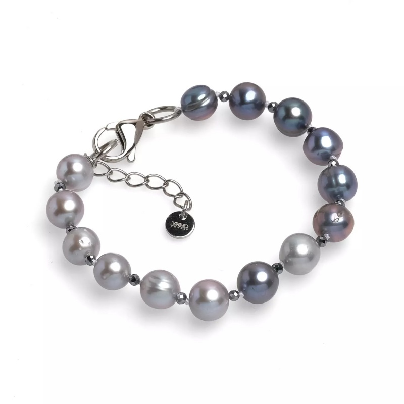 Brățară cu perle culoare închisă și gri de 7-8 mm și mărgele fațetate, lungime 18 + 4 cm