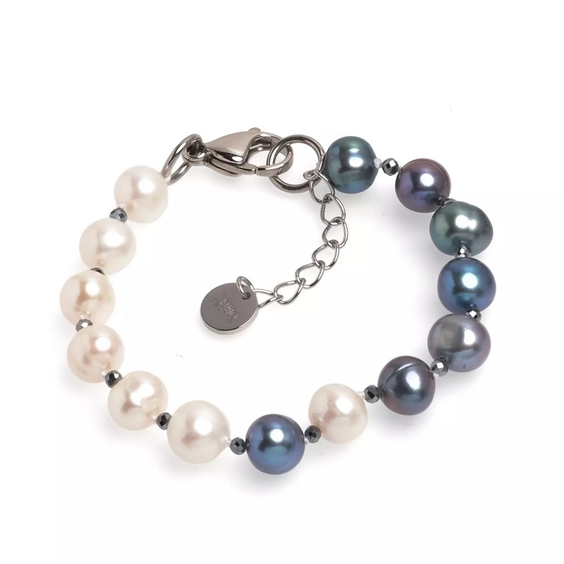 Brățară cu perle albe și culoare închisă de 7-8 mm și mărgele fațetate, lungime 18 + 4 cm