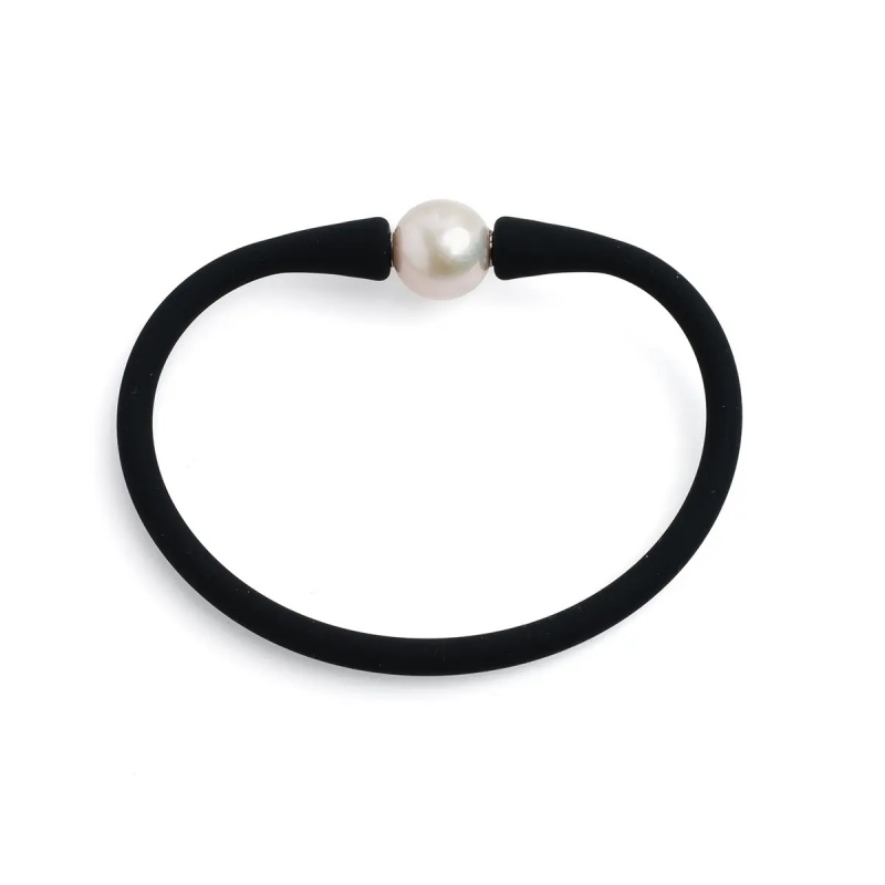 Brațară de silicon negru și perlă de cultură albă sferă aprox 11-12mm