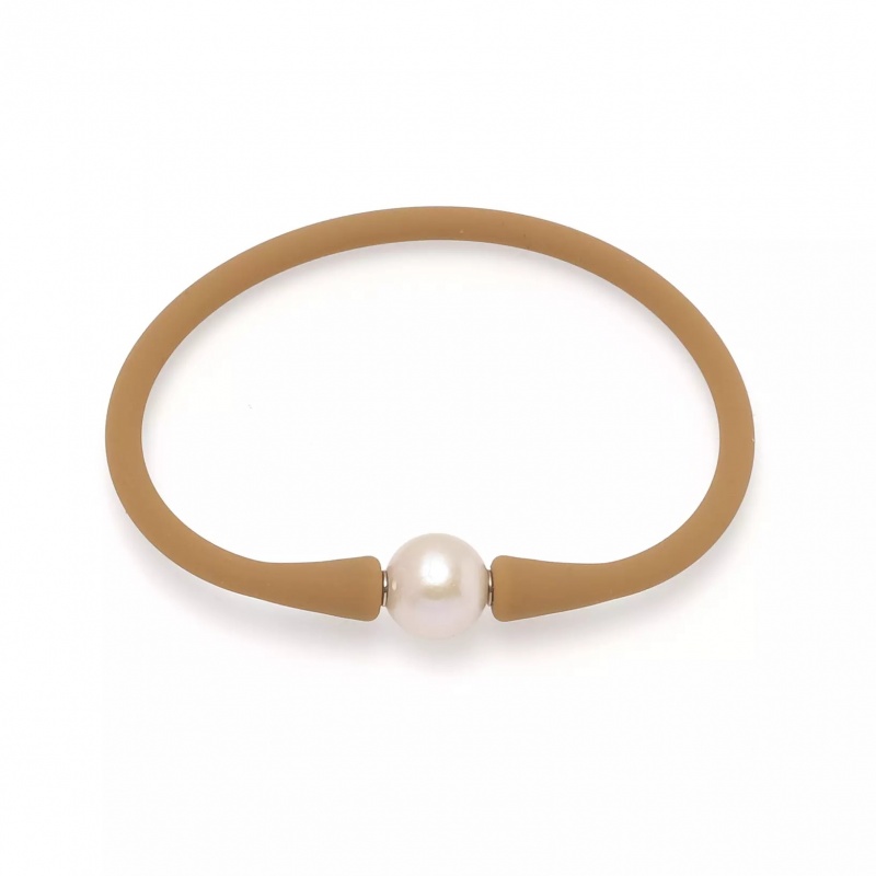 Brațară silicon maro și perlă de cultură albă 11-12mm