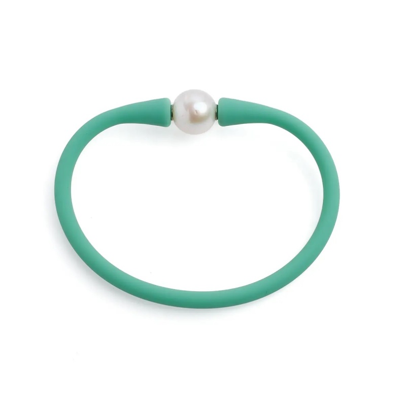 Brațară de silicon verde deschis și perlă de cultură albă sferă aprox 11-12mm