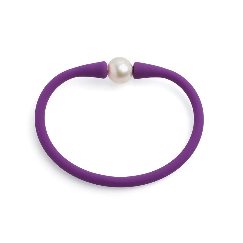 Brațară de silicon violet și perlă de cultură albă sferă aprox 11-12mm