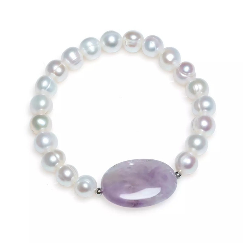 Brăţară perle de cultură albe 8 mm, elipsă ametist, elastic