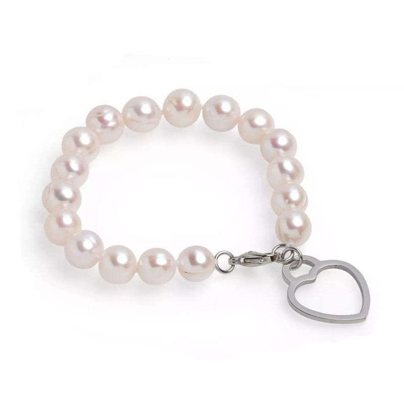 Brățară cu perle de cultură gri 10-11 mm și inimă de oțel, lungime 19 cm
