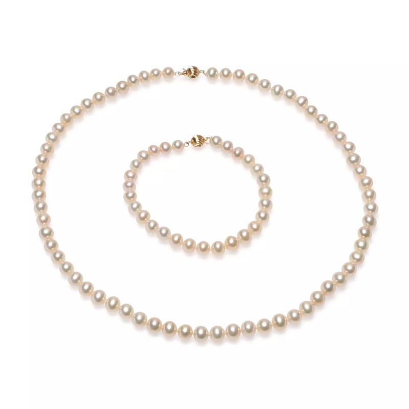 Set șirag și brățară perle de cultură roz 6-7mm, Închizătoare aur de 14K, lungime 43 см / 18cm