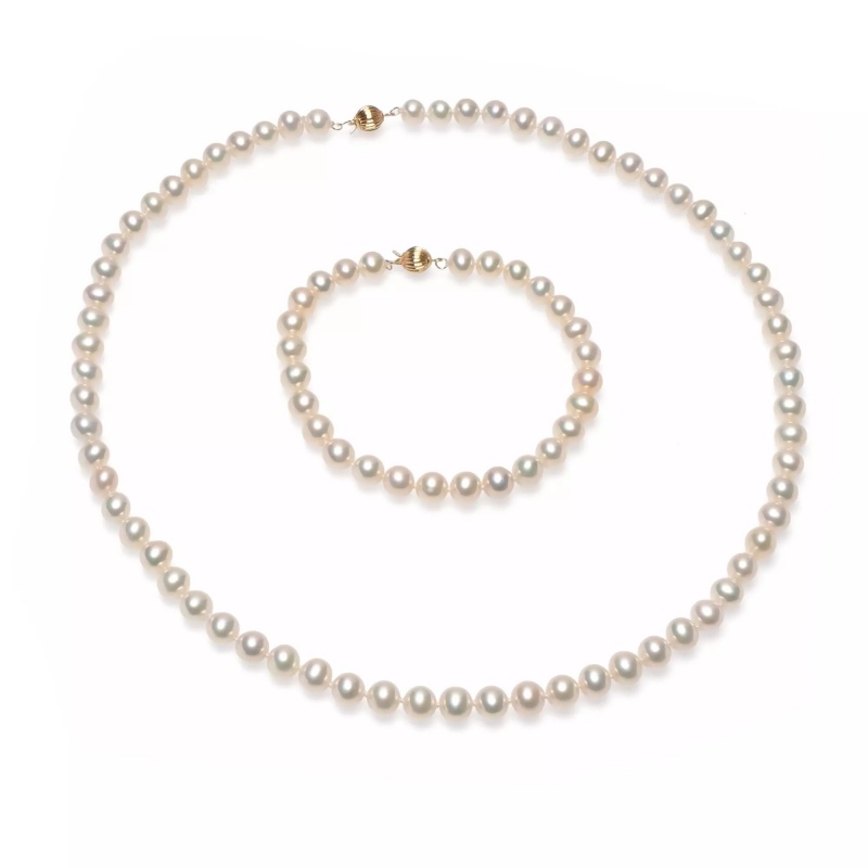 Set șirag și brățară perle de cultură albe 6-7mm, Închizătoare aur de 14K, lungime 43 см / 18cm