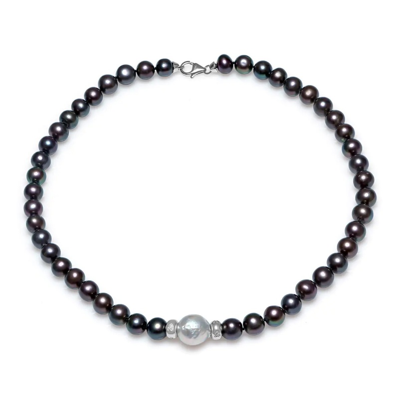 Colier perlă de cultură albă Baroc și perle de cultură culoare închisă 9-10 mm