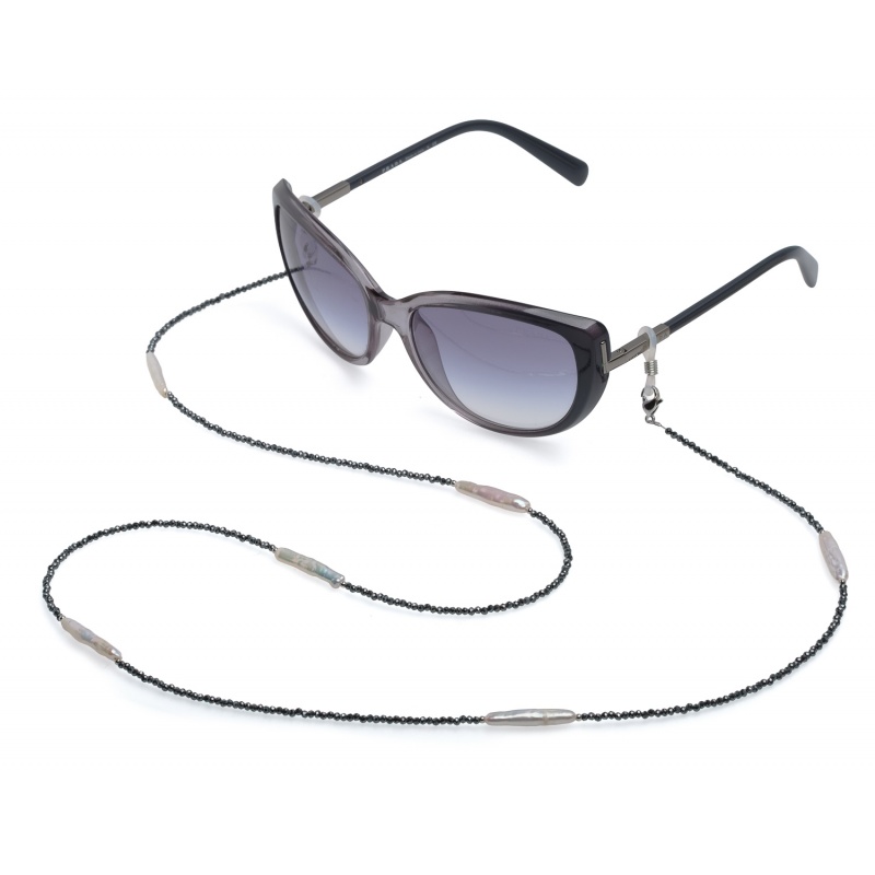 Colier cu 6 perle albe în formă de baghetă cu hematit gri închis, lungime 88 cm. Aplicație 2 în 1.