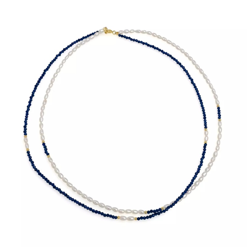 Colier perle de cultură albe 3mm și spinel bleumarin 2 mm