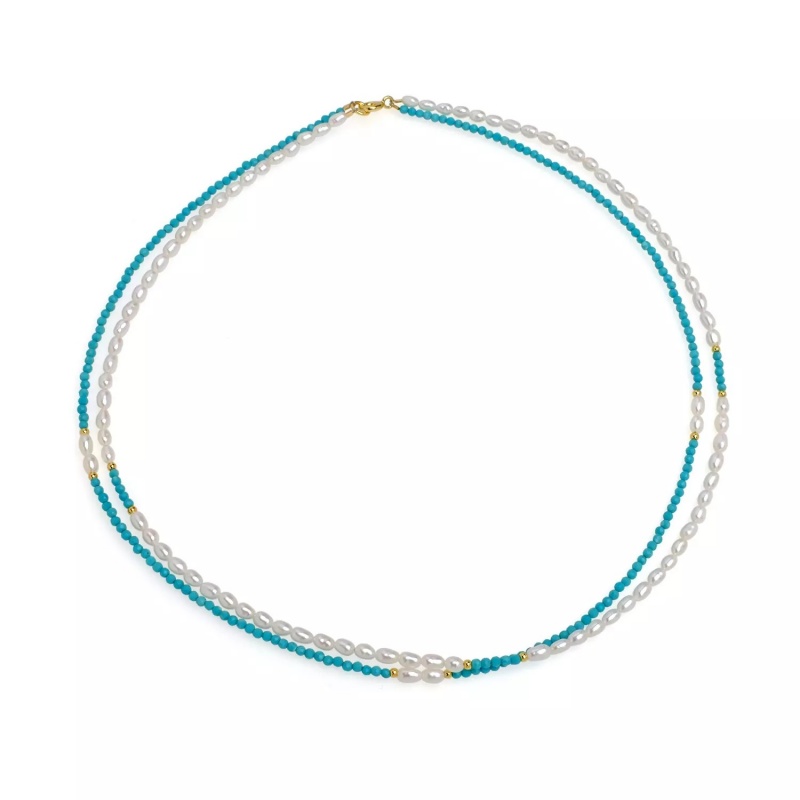 Colier perle de cultură albe 3 mm și turcuaz, lungime 43 cm