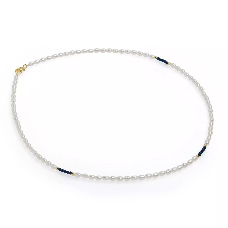 Colier cu perle de cultură albe 3mm și spinel bleumarin. Lungime 41 cm