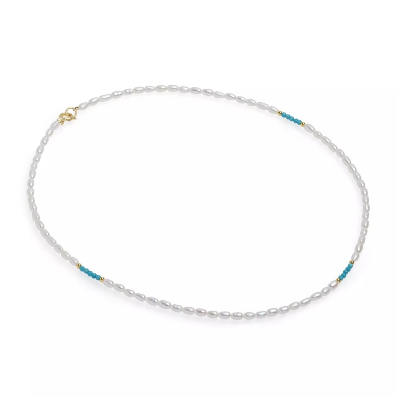 Colier cu perle de cultură albe 3mm și spinel turcoaz. Lungime 41 cm