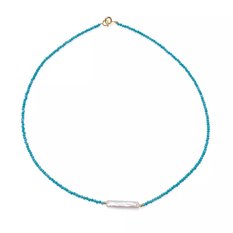 Colier, perlă de cultură albă 5-6mm, turcoaz, elemente aurite argintii, lungime 42cm