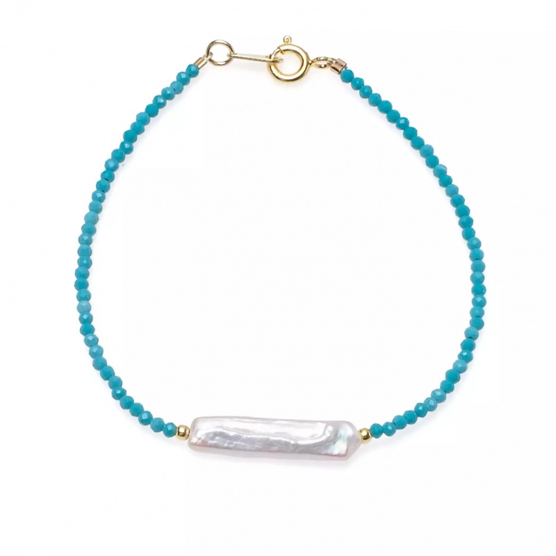 Brățară cu perlă de cultură albă, turcoaz, elemente aurite argintii, 5-6 mm, lungime 18 cm