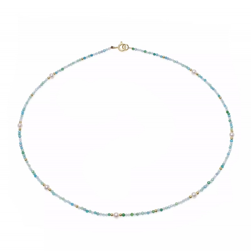 Colier, perle de cultură albe 3,5-4 mm și spinel albastru-verde, lungime 42 cm