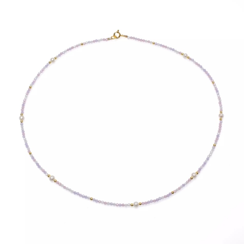 Colier perle de cultură albe sfere 3,5-4mm și spinel mov, 42 cm